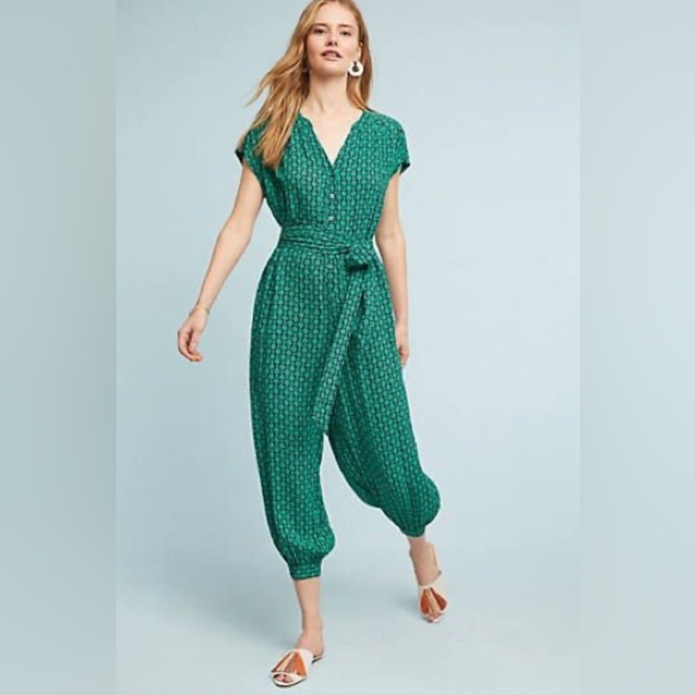 Anthropologie Green Patterned Short-Sleeve Jumpsuit